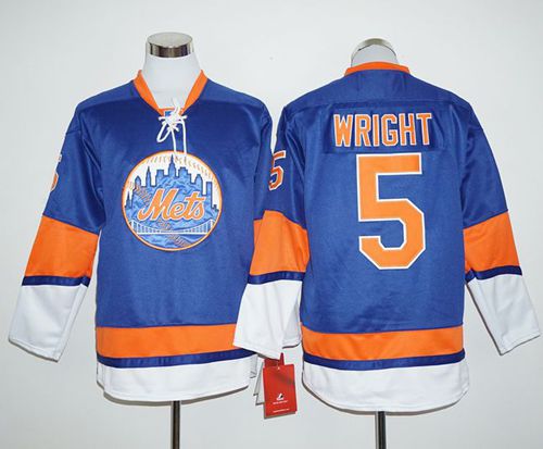 Mets #5 David Wright Blue Long Sleeve Stitched MLB Jersey - Click Image to Close